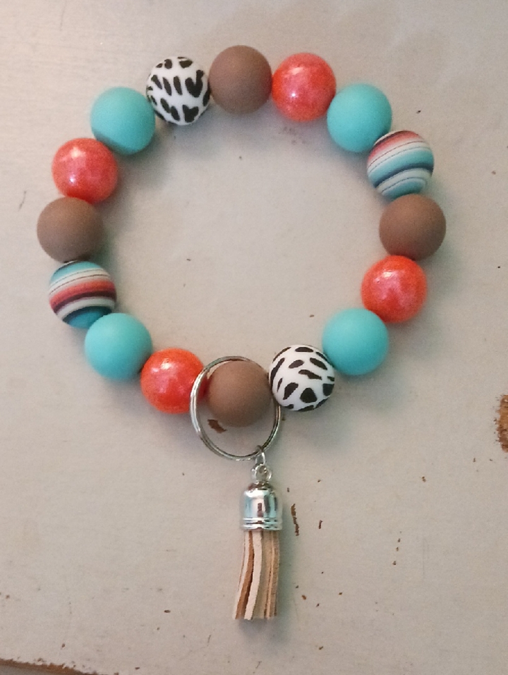 Beaded Tassel Keychain- Turquoise, Coral & Brown